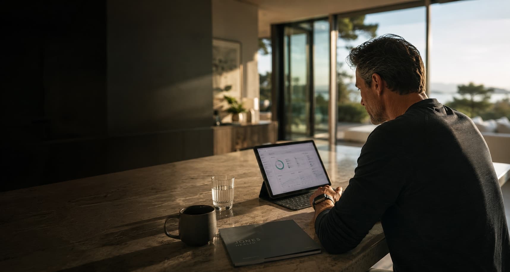A man in his fifties reviewing his Jones Health report at a kitchen counter in early morning light.