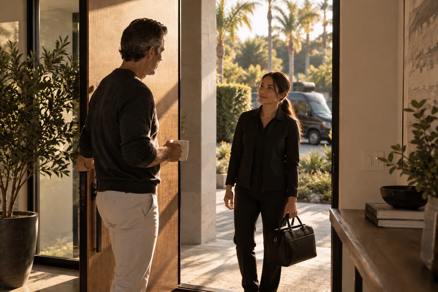 A client opening the front door to a care concierge arriving in the morning, the sprinter van parked behind her.