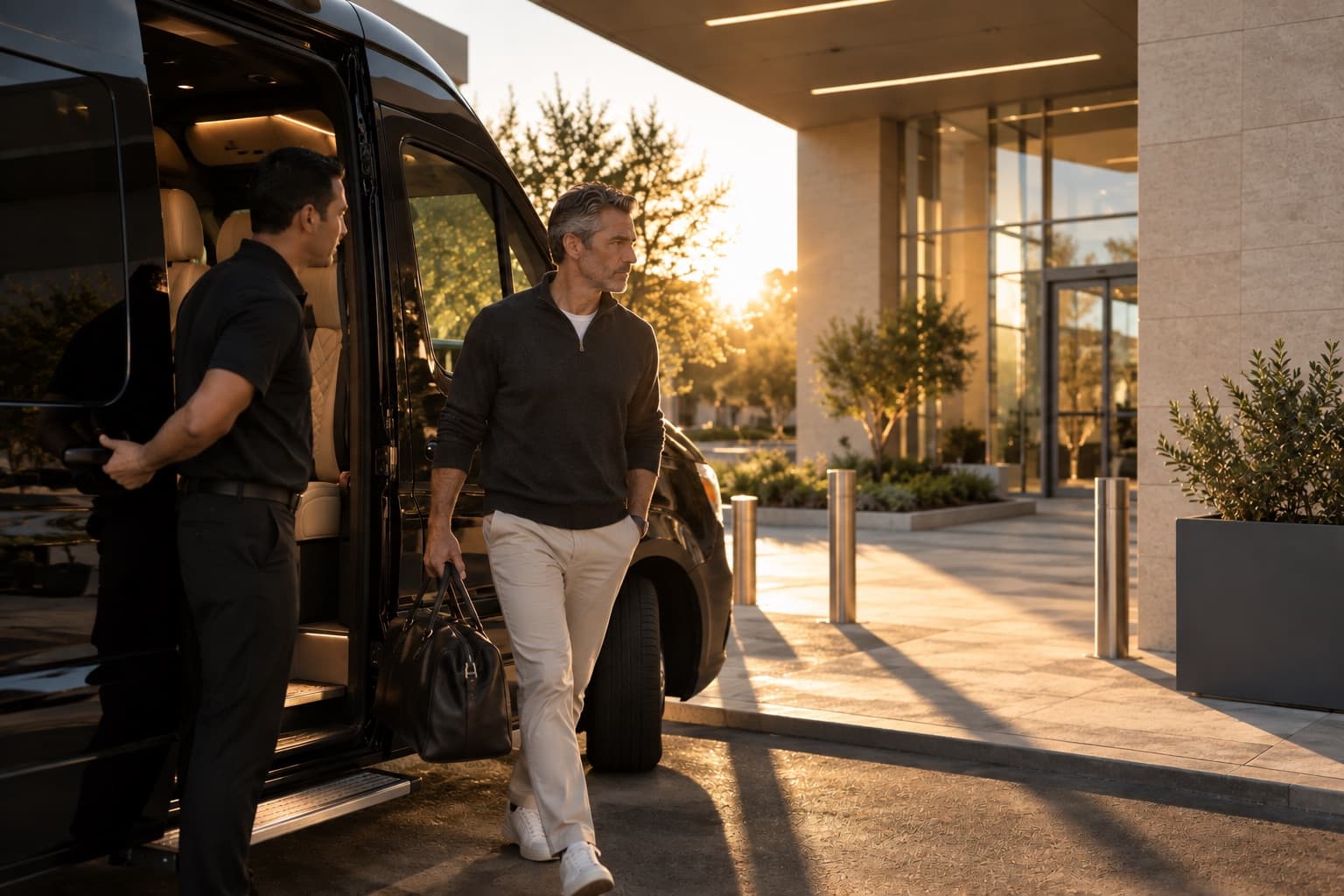 A client stepping out of the executive sprinter at the imaging centre entrance, the driver holding the door.