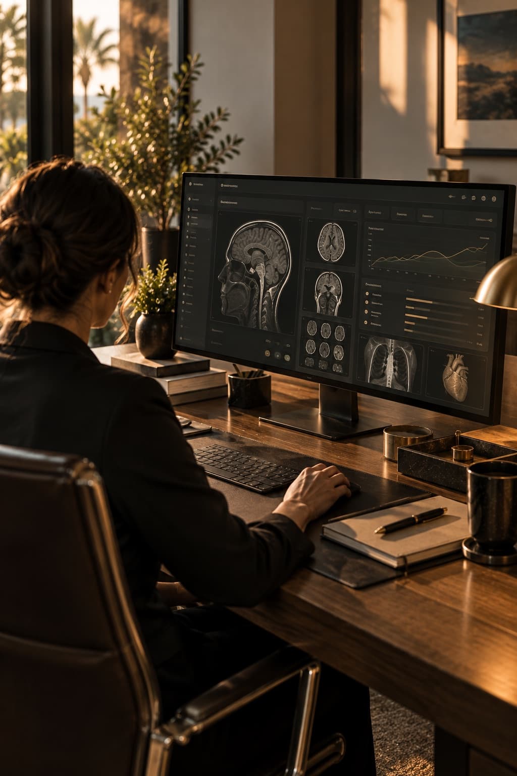 A physician at a desk reviewing brain and cardiac imaging on a large monitor, in late afternoon light.