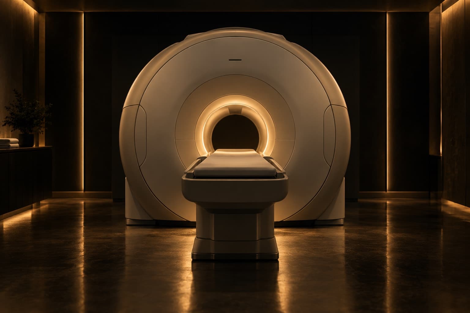 An MRI scanner in a quiet, warmly lit imaging suite, the table ready.