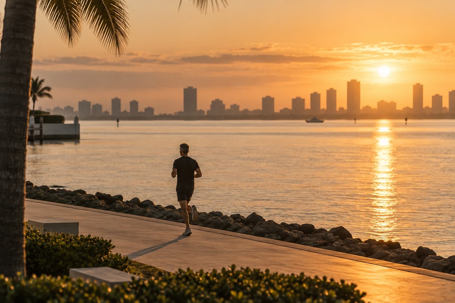 A man running along a waterfront path at sunrise, the city skyline across the bay.